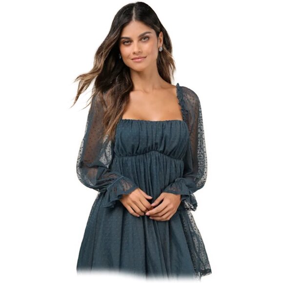 Lulus Dresses & Skirts - Lulu's Dreamy Sweetness Dark Teal Swiss Dot Ruffled Mini Babydoll Dress $59